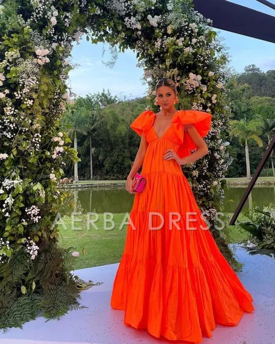 AERBA DRESS Prom Dress A-Line Deep V Neck Short Sleeves Pleated Long Exquisite Adoration Formal Wear Dresses