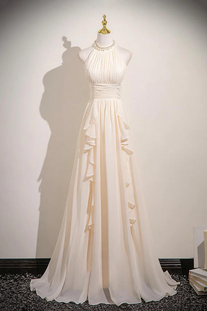 Champagne Chiffon A-Line Halter Neck Beadwork Sleeveless Pleated Tiers Ruched Elegant Long Prom Dresses Formal Graduation Dress Evening Dress