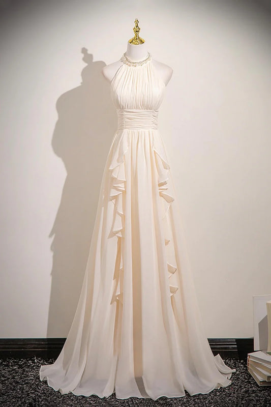Champagne Chiffon A-Line Halter Neck Beadwork Sleeveless Pleated Tiers Ruched Elegant Long Prom Dresses Formal Graduation Dress Evening Dress