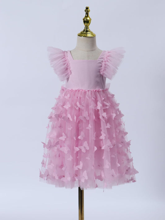 AERBA DRESS Wedding Flower Girl Dresses  A-Line Square Neck Dimensional Butterfly Tulle Ruffled Sleeve Toddler Girls Vintage Party Dress