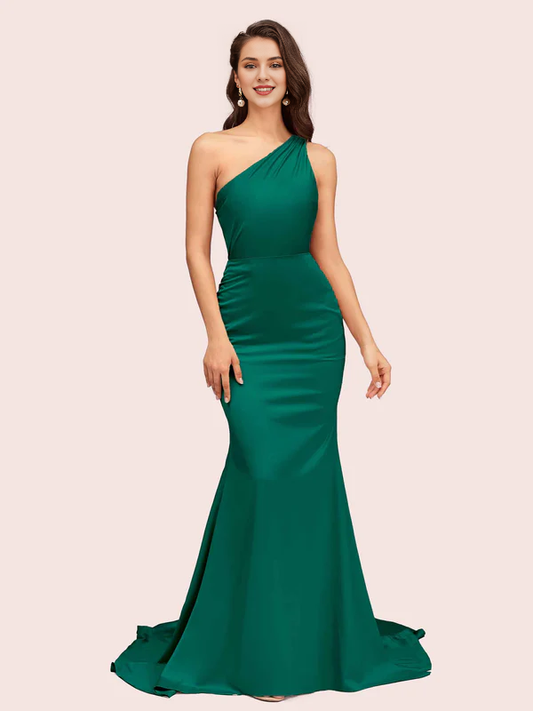 AerbaDress One Shoulder Mermaid Bridesmaid Dresses Soft Satin Online Elegant