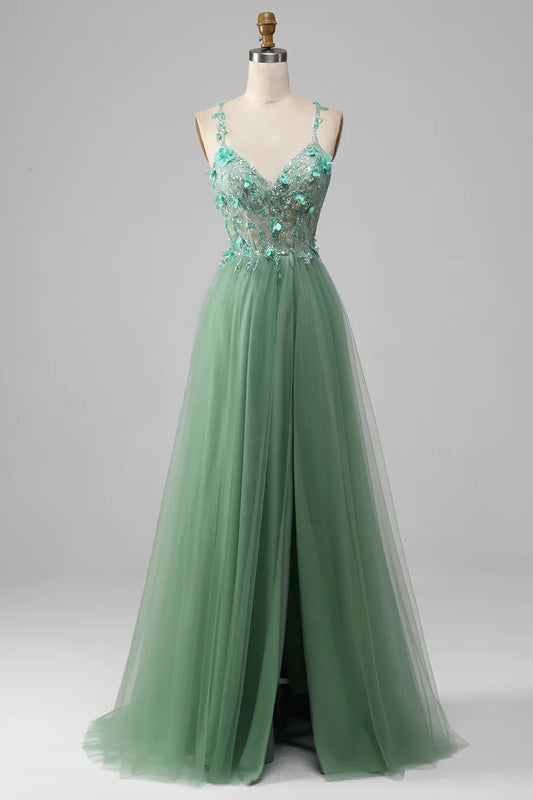 AerbaDress Sparkly Green A-Line Spaghetti Straps Corset Prom Dress With Appliques