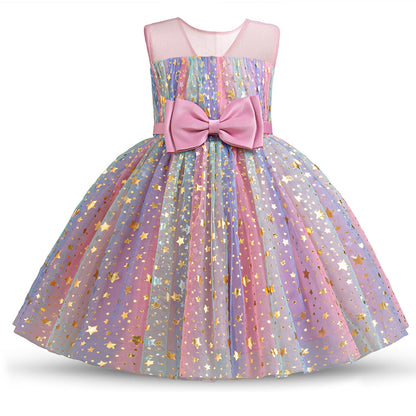 AERBA DRESS Wedding Flower Girl Dresses Round Neck Star Glitter Bow Kids Party Wedding Dresses