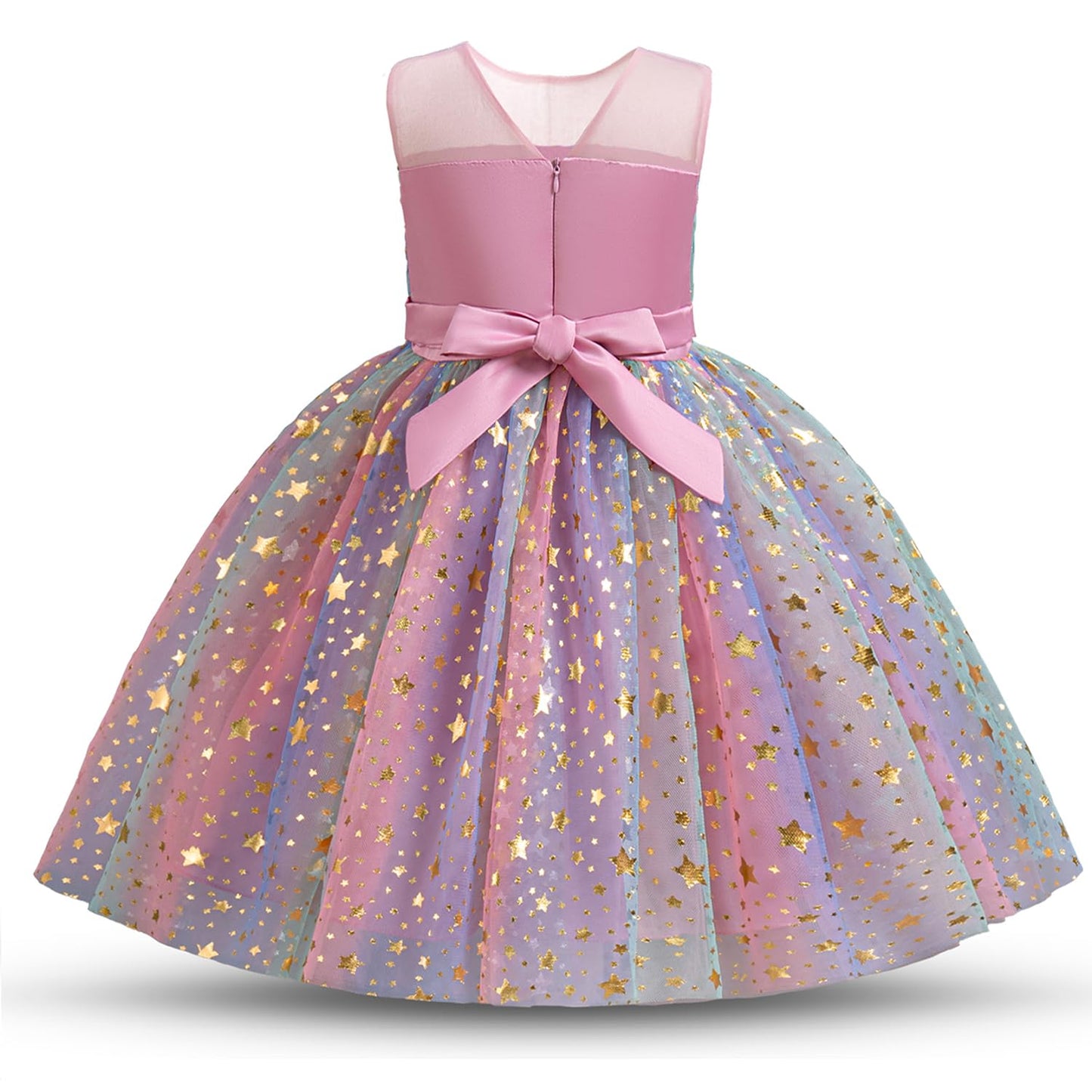 AERBA DRESS Wedding Flower Girl Dresses Round Neck Star Glitter Bow Kids Party Wedding Dresses