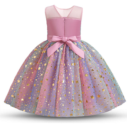 AERBA DRESS Wedding Flower Girl Dresses Round Neck Star Glitter Bow Kids Party Wedding Dresses