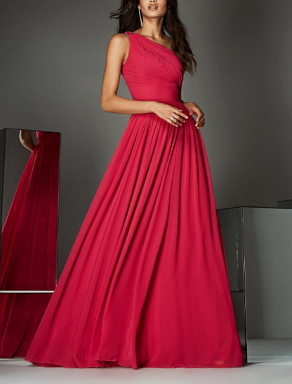 A-Line Empire Wedding Guest Formal Evening Dress Christmas Red Green Dress One Shoulder Sleeveless Sweep / Brush Train Chiffon with Pleats Ruched
