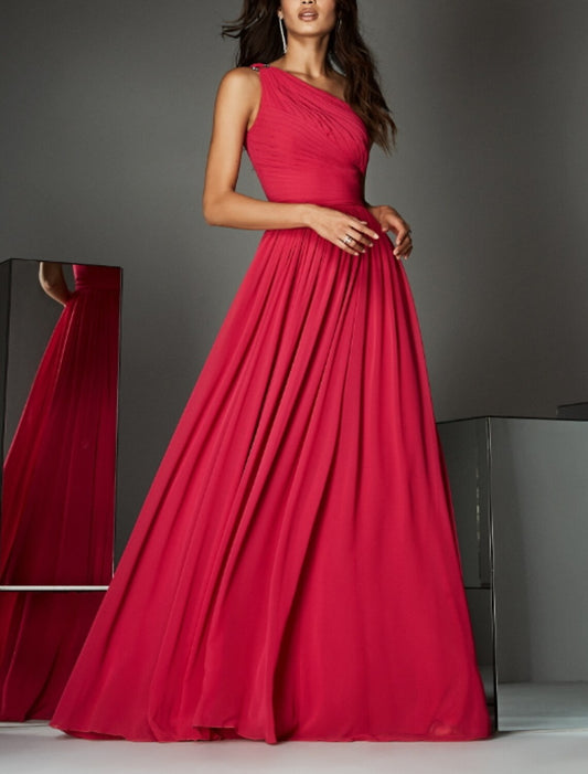 A-Line Empire Wedding Guest Formal Evening Dress Christmas Red Green Dress One Shoulder Sleeveless Sweep / Brush Train Chiffon with Pleats Ruched