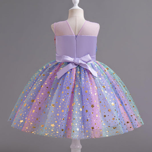 AERBA DRESS Wedding Flower Girl Dresses Round Neck Star Glitter Bow Kids Party Wedding Dresses