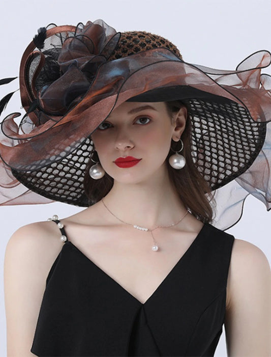 AerbaDress Hats Headwear Tulle Organza Bucket Hat Straw Hat Sun Hat Wedding Outdoor Horse Race Ladies Day Melbourne Cup Fashion Vintage Style With Bowknot Flower Headpiece Headwear