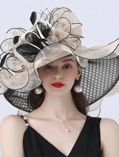 AerbaDress Hats Headwear Tulle Organza Bucket Hat Straw Hat Sun Hat Wedding Outdoor Horse Race Ladies Day Melbourne Cup Fashion Vintage Style With Bowknot Flower Headpiece Headwear