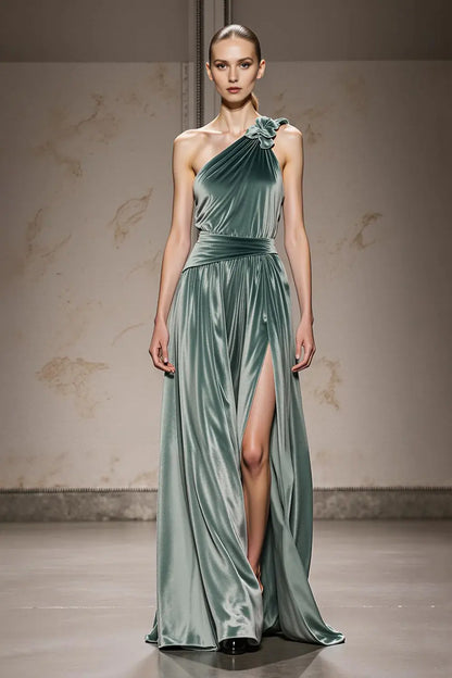 Mint Green Velvet A Line One Shoulder Pleated Backless with Slit Fashion Long Formal Dress Hot Sale Evening Dress