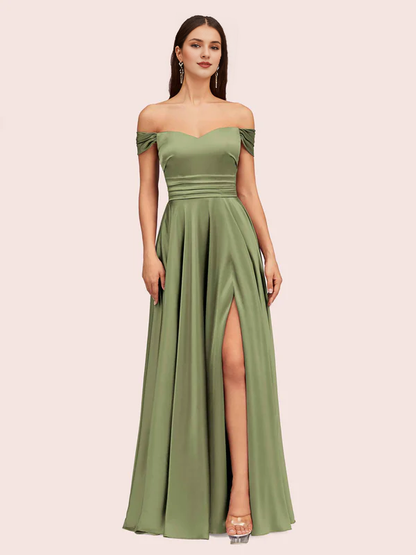 AerbaDress A-Line Satin Bridesmaid Dresses Sexy Off Shoulder Side Slit Online