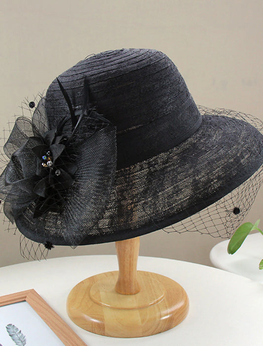 AerbaDress Hats Headwear Tulle Bucket Hat Straw Hat Sun Hat Casual Holiday Kentucky Derby Horse Race Ladies Day Vintage Style Elegant Lace With Feather Lace Headpiece Headwear