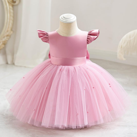 AERBA DRESS Wedding Flower Girl Dresses Satin Pearls Tulle Dress Bowknot V Back Pageant Party Formal Baptism Dress