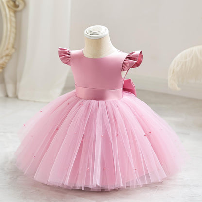 AERBA DRESS Wedding Flower Girl Dresses Satin Pearls Tulle Dress Bowknot V Back Pageant Party Formal Baptism Dress