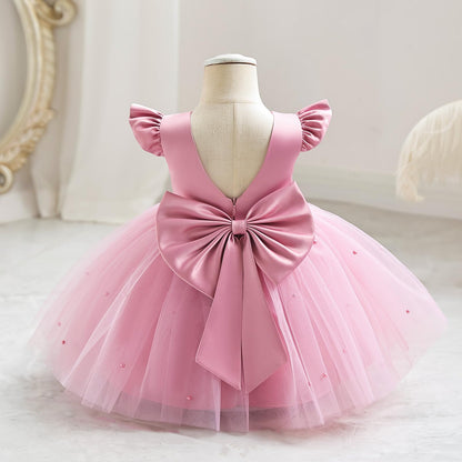 AERBA DRESS Wedding Flower Girl Dresses Satin Pearls Tulle Dress Bowknot V Back Pageant Party Formal Baptism Dress