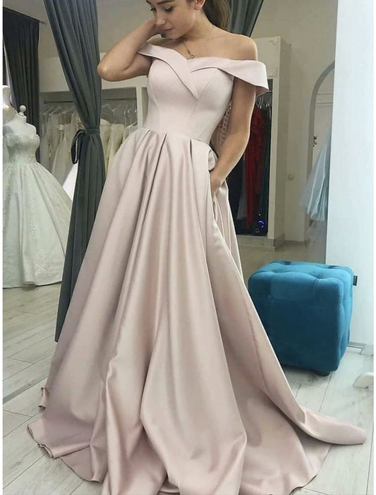 A-Line Prom Dresses Minimalist Dress Formal Wedding Guest Floor Length Sleeveless Off Shoulder Pocket Stretch Satin Backless with Pleats Pocket