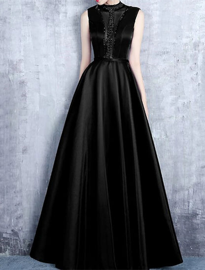 A-Line Evening Gown Elegant Dress Formal Wedding Guest Floor Length Sleeveless High Neck Satin with Pleats