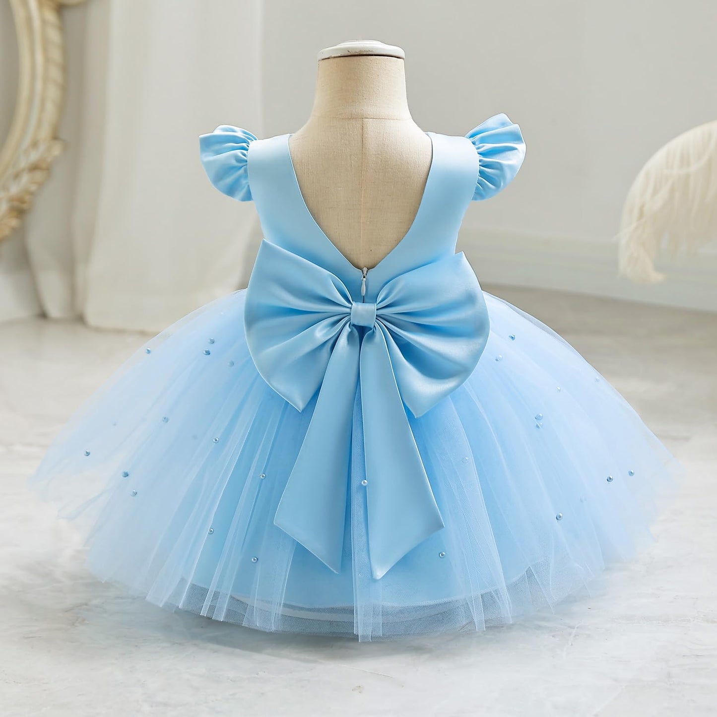 AERBA DRESS Wedding Flower Girl Dresses Satin Pearls Tulle Dress Bowknot V Back Pageant Party Formal Baptism Dress