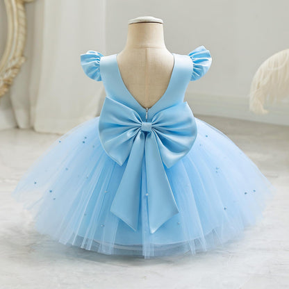 AERBA DRESS Wedding Flower Girl Dresses Satin Pearls Tulle Dress Bowknot V Back Pageant Party Formal Baptism Dress