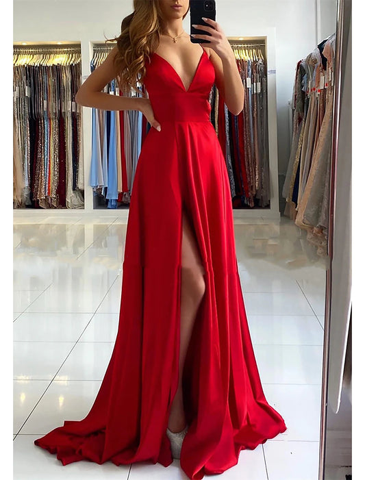 A-Line Prom Dresses Empire Dress Formal Prom Sweep / Brush Train Sleeveless V Neck Imitation Silk Backless with Pleats