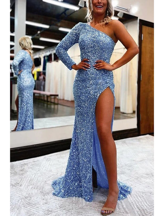 Mermaid / Trumpet Evening Gown Sparkle & Shine Dress Formal Prom Sweep / Brush Train Long Sleeve One Shoulder Sequined with Sequin Slit