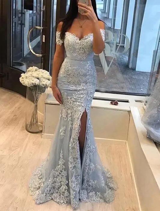 Mermaid Party Dress Prom Dresses Luxurious Dress Formal Wedding Guest Sweep / Brush Train Sleeveless Off Shoulder Tulle with Slit Appliques