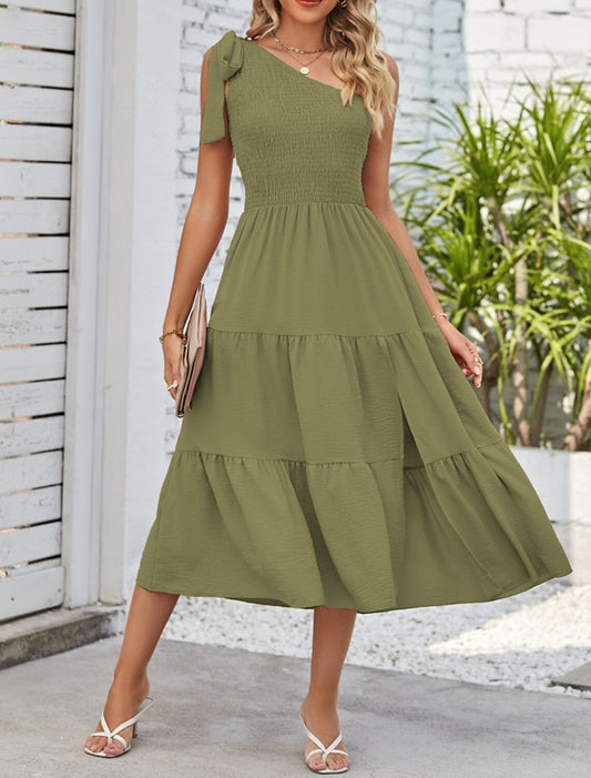 A-Line Party Dresses Casual Dress Wedding Guest Holiday Tea Length Sleeveless One Shoulder Spandex