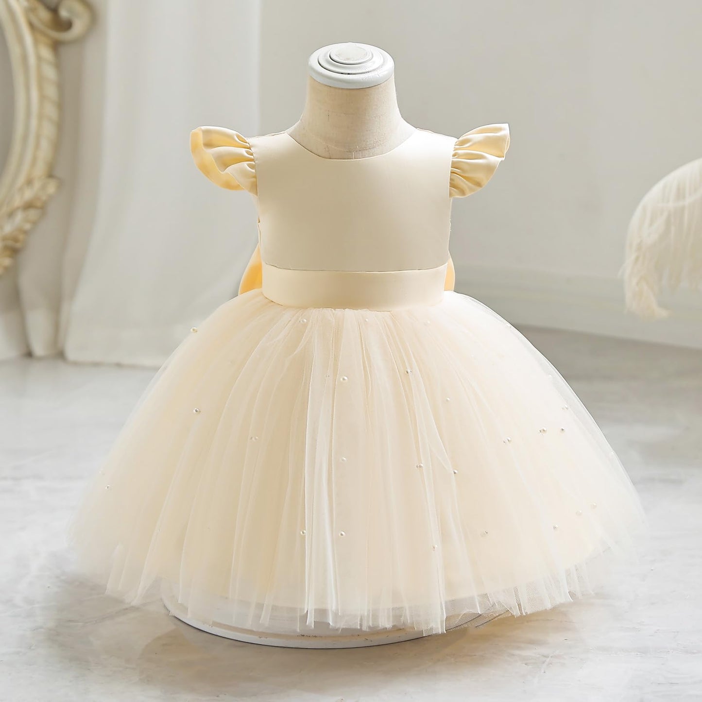 AERBA DRESS Wedding Flower Girl Dresses Satin Pearls Tulle Dress Bowknot V Back Pageant Party Formal Baptism Dress