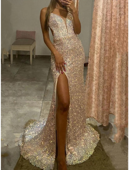 Sheath / Column Prom Dresses Corsets Dress Wedding Party Sweep / Brush Train Sleeveless Spaghetti Strap Sequined Backless with Glitter