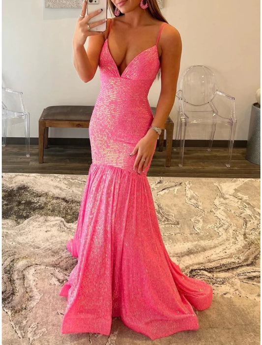 Mermaid / Trumpet Prom Dresses Sparkle & Shine Dress Wedding Party Sweep / Brush Train Sleeveless Spaghetti Strap African American Sequined with Glitter Ruched
