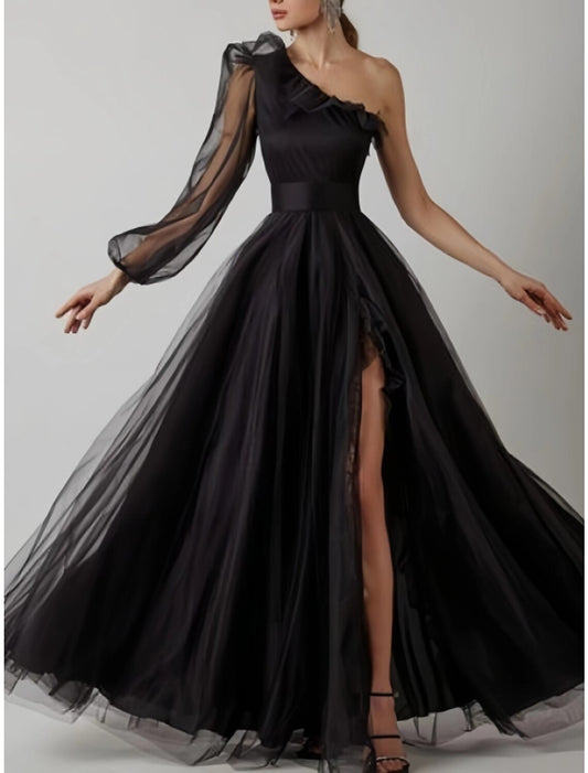 Sheath Prom Dress Elegant Black Dress Plus Size Evening Birthday Floor Length Long Sleeve One Shoulder Tulle with Pleats Ruffles