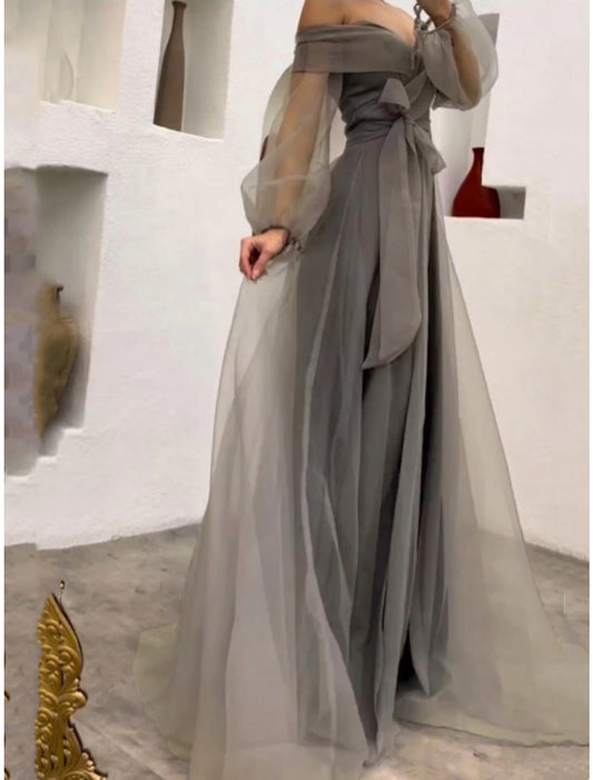 Sheath / Column Prom Dresses Princess Dress Wedding Party Sweep / Brush Train Long Sleeve Off Shoulder Belt / Sash Tulle with Bow(s) Pleats