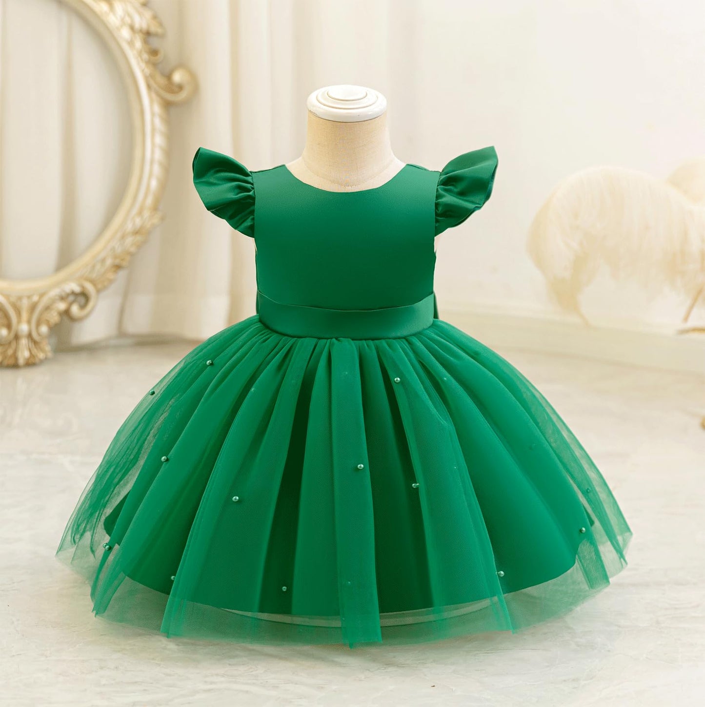 AERBA DRESS Wedding Flower Girl Dresses Satin Pearls Tulle Dress Bowknot V Back Pageant Party Formal Baptism Dress