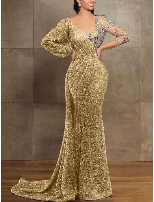 Sequin Mermaid / Trumpet Evening Gown Champagne Gold Elegant Dress Formal Christmas Red Green Dress Court Train Long Sleeve Illusion Neck Sequined with Pleats