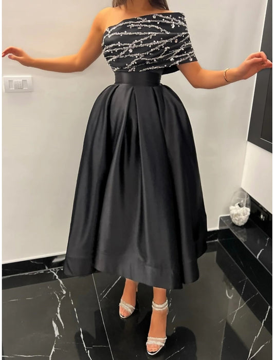 A-Line Evening Gown Elegant Dress Formal Ankle Length Black Dress Short Sleeve One Shoulder Satin with Pleats Sequin