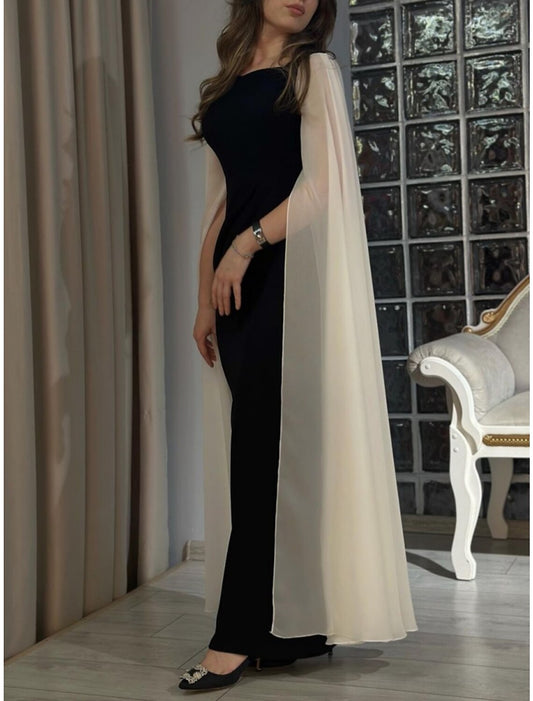 Sheath / Column Evening Gown Elegant Dress Formal Ankle Length Black Dress Half Sleeve Square Neck Chiffon with Pleats