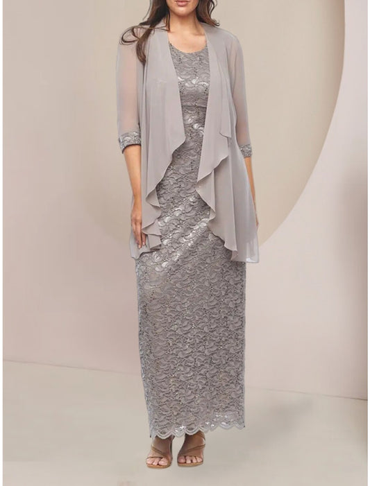 Two Piece Sheath / Column Mother of the Bride Dress Wedding Guest Elegant Scoop Neck Ankle Length Chiffon Half Sleeve with Sequin Ruching