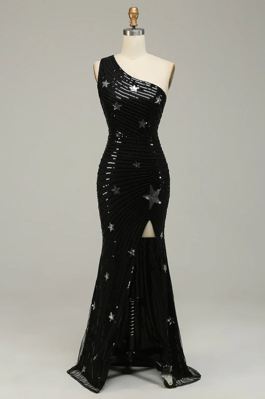 AerbaDress Sequins Mermaid One Shoulder Black Long Prom Dress with Star