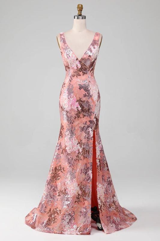 AerbaDress Blush Sparkly Sequin Mermaid Long Prom Dress With Slit