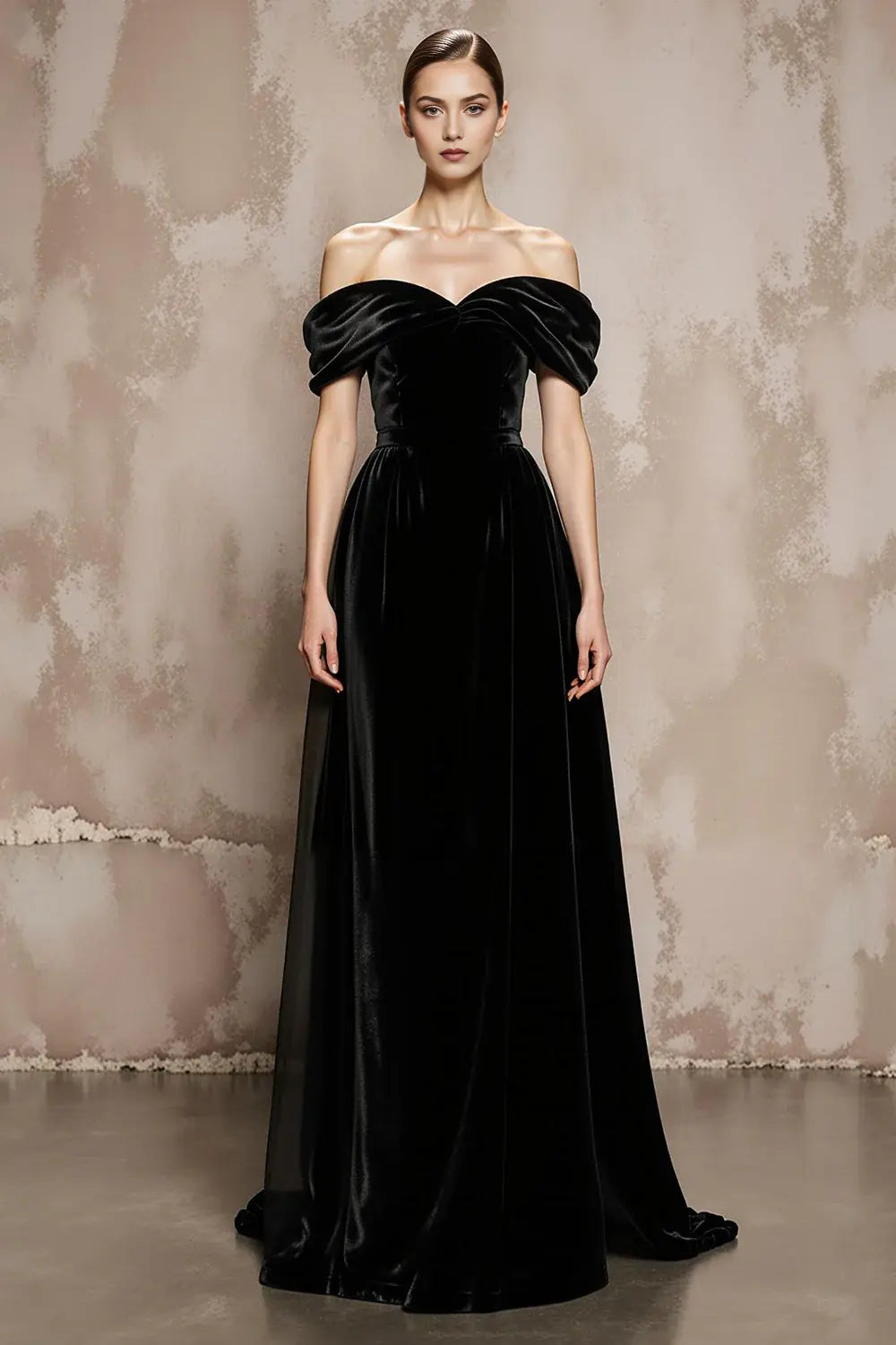 Dignified Black Velvet A Line Off the Shoulder Sweetheart Neckline Backless Elegant Long Formal Dress Hot Sale Evening Dress