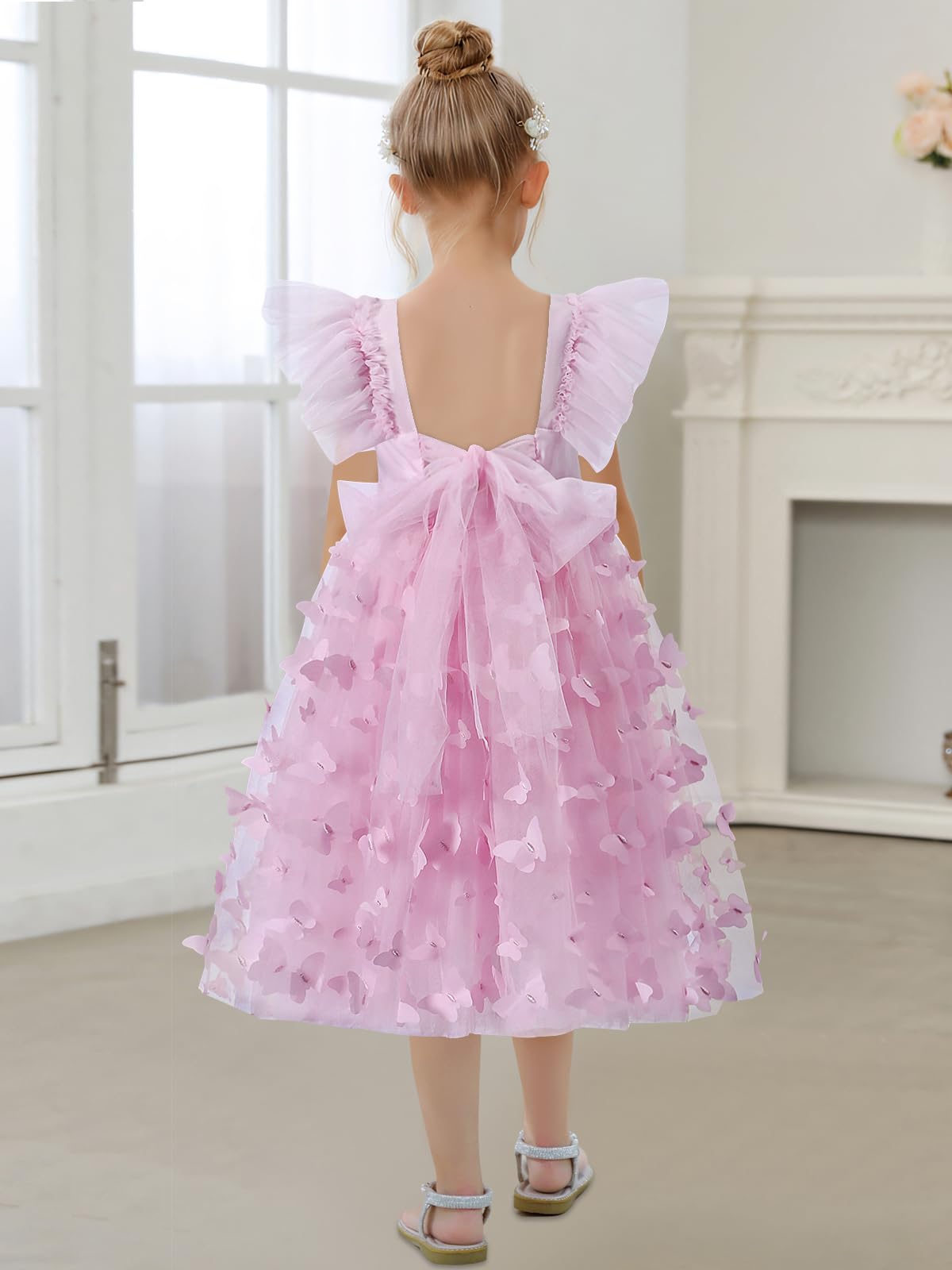 AERBA DRESS Wedding Flower Girl Dresses  A-Line Square Neck Dimensional Butterfly Tulle Ruffled Sleeve Toddler Girls Vintage Party Dress