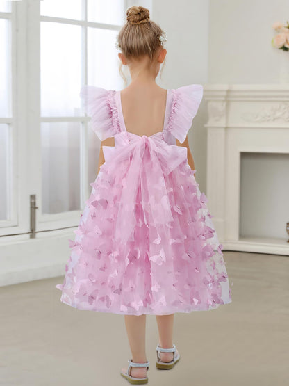 AERBA DRESS Wedding Flower Girl Dresses  A-Line Square Neck Dimensional Butterfly Tulle Ruffled Sleeve Toddler Girls Vintage Party Dress