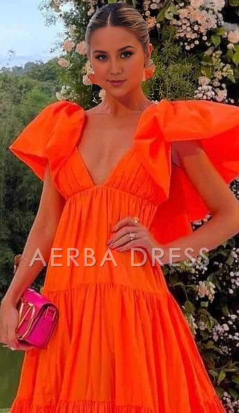 AERBA DRESS Prom Dress A-Line Deep V Neck Short Sleeves Pleated Long Exquisite Adoration Formal Wear Dresses