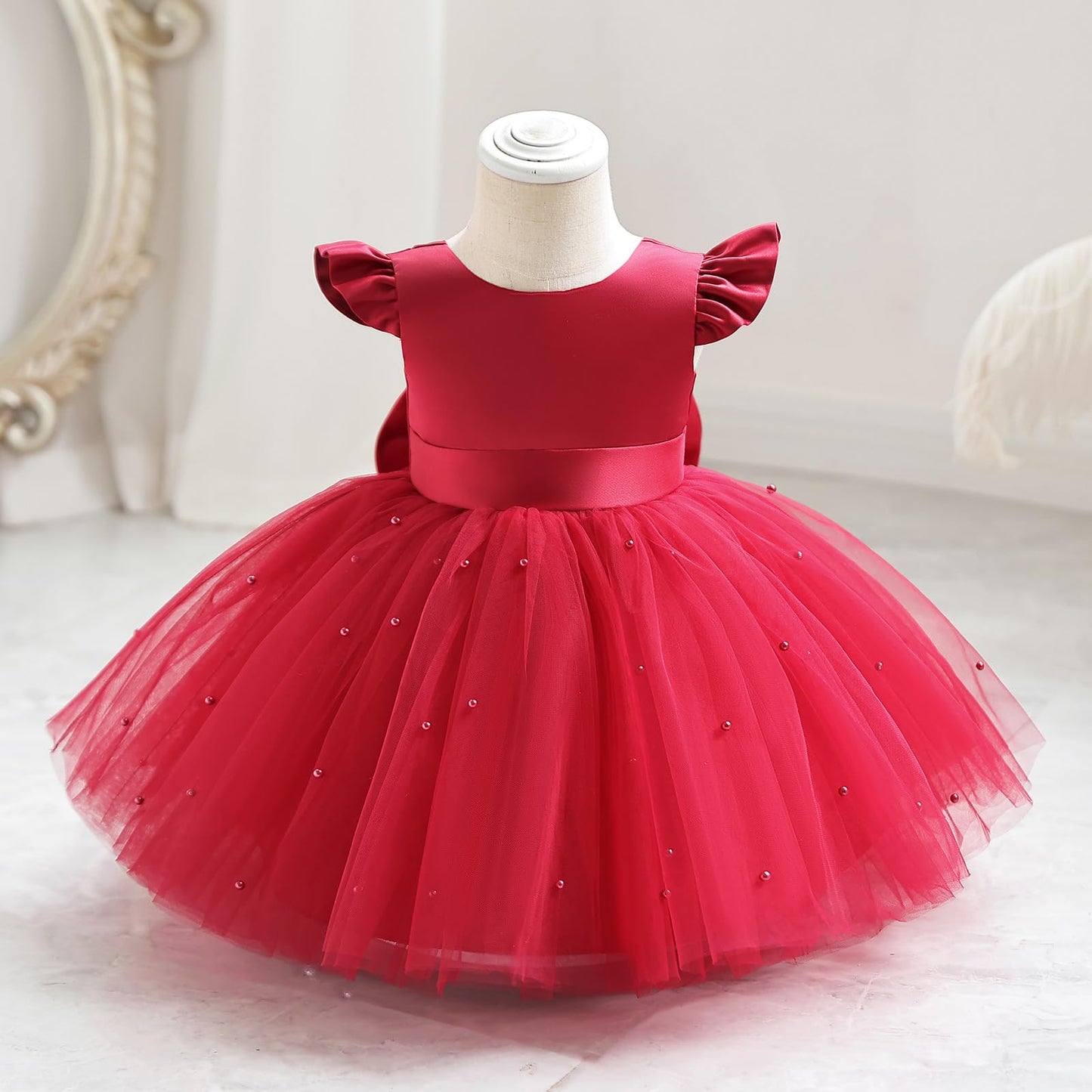 AERBA DRESS Wedding Flower Girl Dresses Satin Pearls Tulle Dress Bowknot V Back Pageant Party Formal Baptism Dress