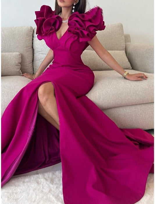 A-Line Evening Gown Elegant Dress Formal Floor Length Short Sleeve V Neck Polyester with Pleats Ruffles