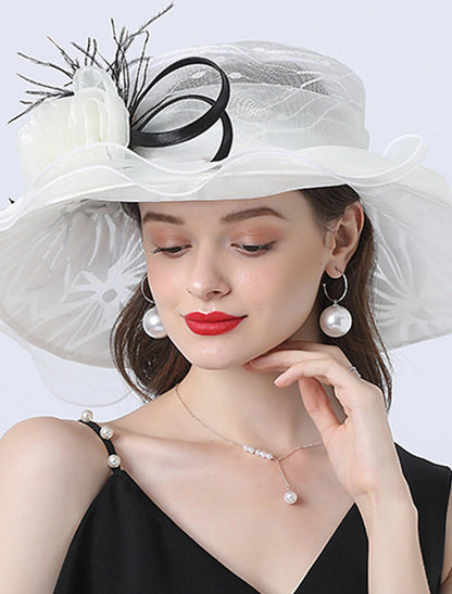 AerbaDress Fascinators Kentucky Derby Hat Headwear Polyester Organza Sun Hat Top Hat Veil Hat Holiday Beach Elegant Vintage With Feather Lace Side Headpiece Headwear