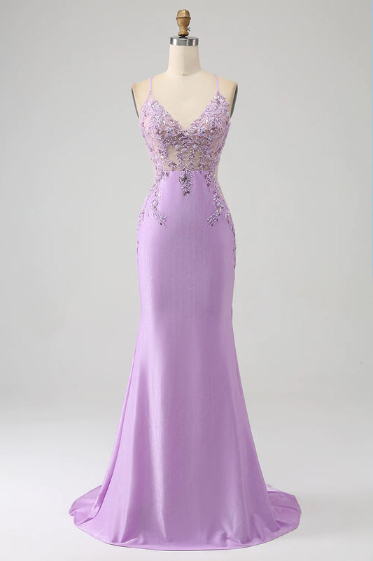 AerbaDress Trendy Mermaid Spaghetti Straps Lilac Long Prom Dress with Appliques Beading