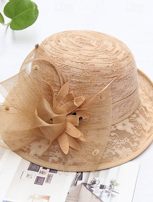 AerbaDress Fascinators Kentucky Derby Hat Headwear Organza Bowler / Cloche Hat Bucket Hat Straw Hat Casual Holiday Elegant Vintage With Feather Bowknot Headpiece Headwear