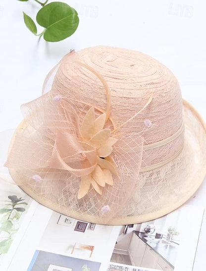 AerbaDress Fascinators Kentucky Derby Hat Headwear Organza Bowler / Cloche Hat Bucket Hat Straw Hat Casual Holiday Elegant Vintage With Feather Bowknot Headpiece Headwear